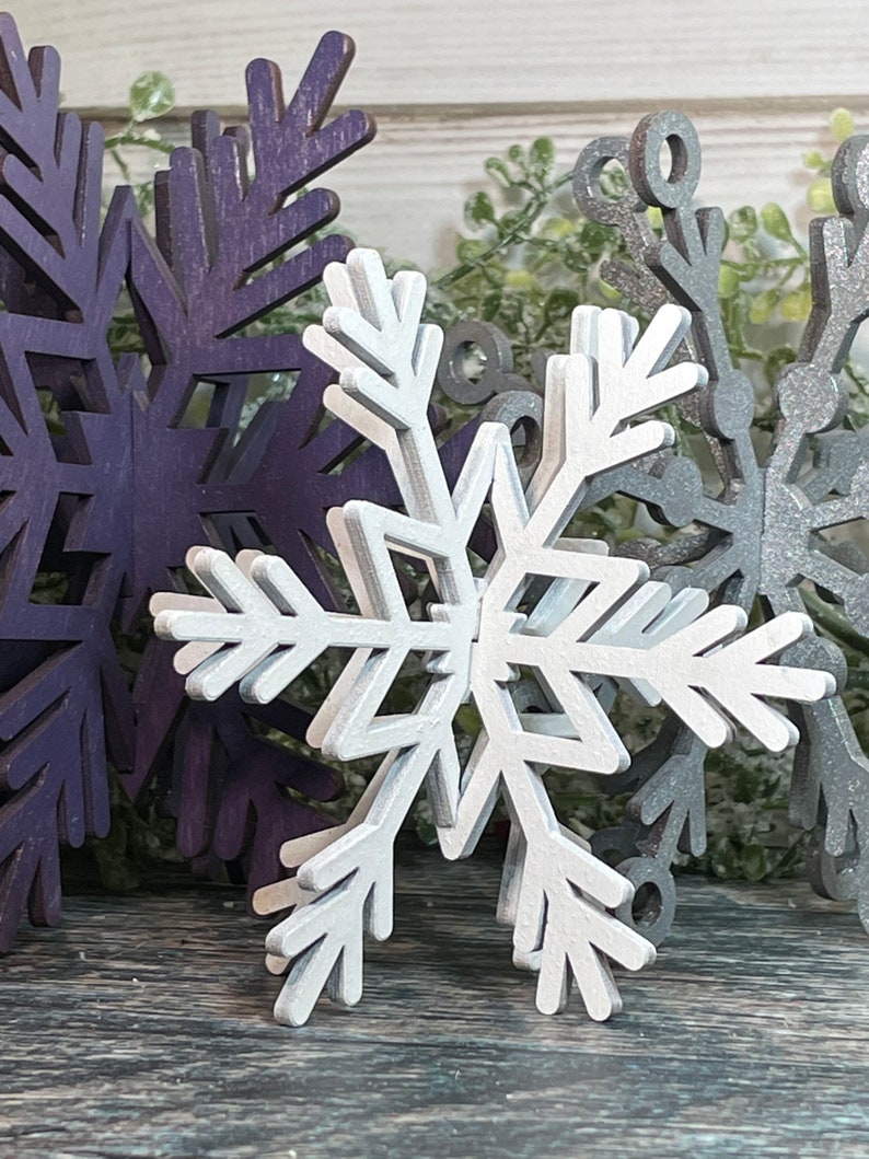 Purple Set of 3 wood snowflakes , Christmas Decor, Christmas Tiered Tray, Winter Decor, Seasonal Tiered Tray, Tiered Trays, Snowflake decor image 4