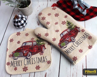 Red Truck Pot Holder and Oven Mitt Set, Red Truck Framed Decor, Red Truck Gift Set, Christmas Gift Set, Farmhouse Christmas Decor