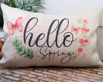 Pink Hello Spring Pillows, Easter Pillow Covers, Throw Pillow Covers, Spring Decor, Rectangle Pillow Covers, Spring Pillows, Farmhouse