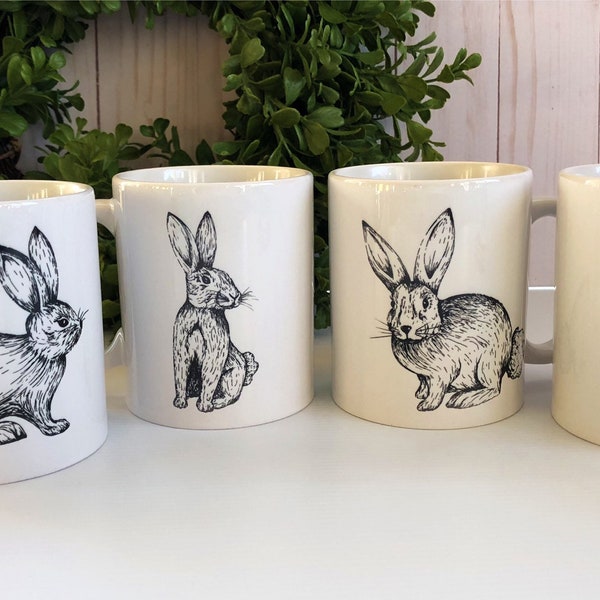 Easter Mug Set, Hand Drawn Bunny Mugs, Black and White Mugs, Easter Coffee Mugs, Bunny Coffee Mugs, Spring Coffee, Farmhouse Easter