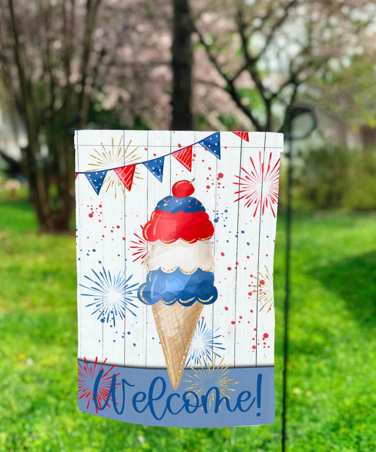 Red, White and Blue Ice Cream Garden Flag, Personalized Garden Flag, SummerDecor, 4th of July Garden Flag, Sumer Garden Flag, Summer Decor