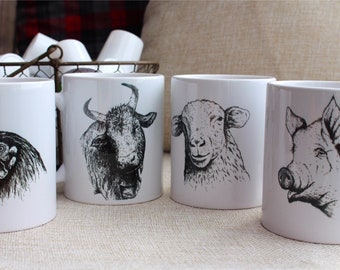 Set of Farm Mugs, Hand Drawn Farm Animal Mugs, Black and White Mugs, Cow Mug, Pig Mug, Chicken Mug, Sheep Mug, Farmhouse Coffee MugSe