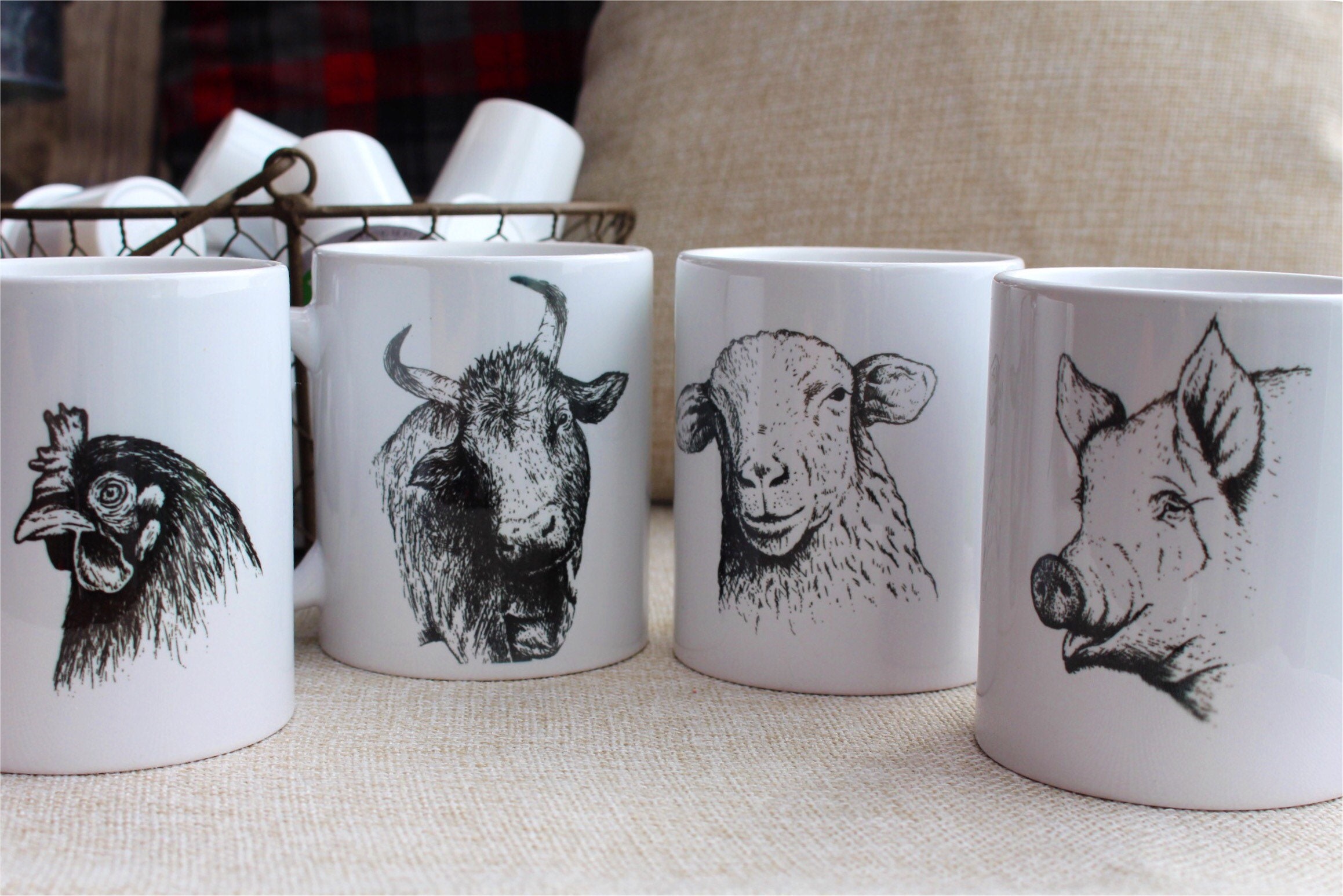 Set of Farm Mugs Hand Drawn Farm Animal Mugs Black and White Etsy