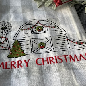 Embroidered Barn Christmas Towel, Christmas Kitchen Towels, Christmas Decor, Farm Kitchen Towels, Farm Decor, Kitchen Decor