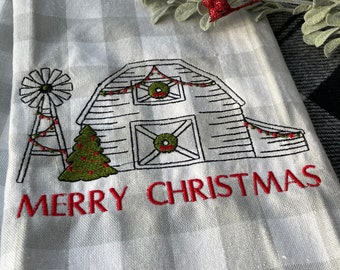 Embroidered Barn Christmas Towel, Christmas Kitchen Towels, Christmas Decor, Farm Kitchen Towels, Farm Decor, Kitchen Decor