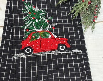 Embroidered Car with Tree Towel, Christmas Kitchen Towels, Christmas Decor, Snowman Gifts, Kitchen Decor, Christmas Towels