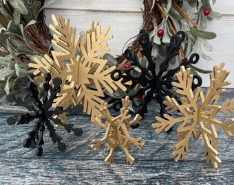 Set of 5 black and gold wood snowflakes , Christmas Decor, Christmas Tiered Tray, Winter Decor, Tiered Trays, Snowflake decor