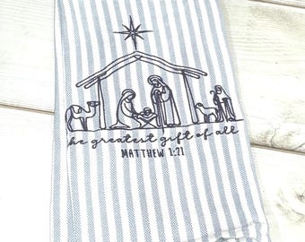 Embroidered Nativity Towel, Christmas Kitchen Towels, Christmas Decor, Christmas Tree Towel, Kitchen Decor, Christmas Towels