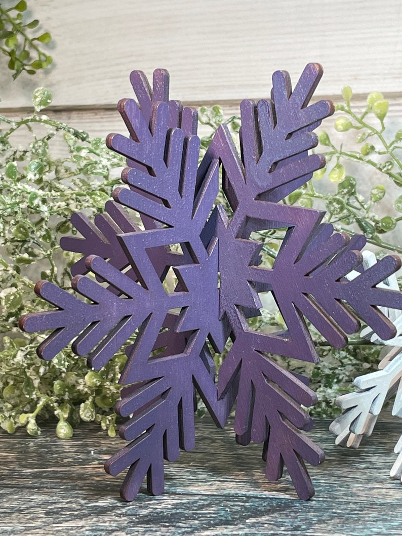 Purple Set of 3 wood snowflakes , Christmas Decor, Christmas Tiered Tray, Winter Decor, Seasonal Tiered Tray, Tiered Trays, Snowflake decor image 2