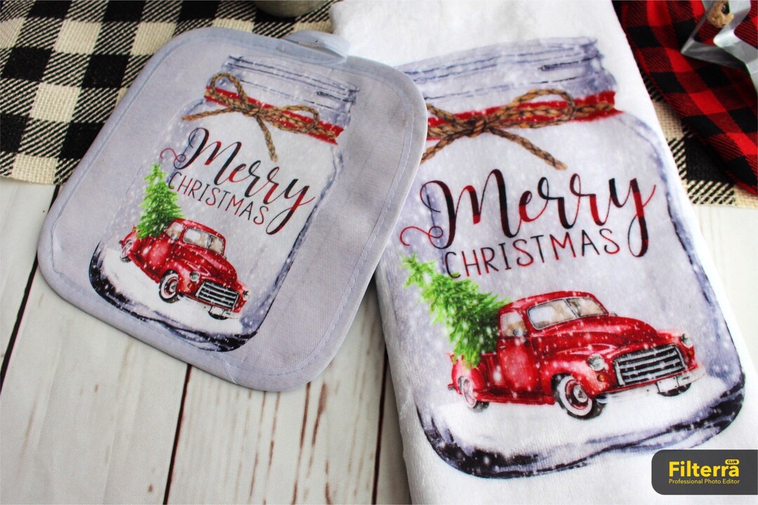 Red Truck Kitchen Towel, Red Truck Pot Holder, Christmas Kitchen Towel