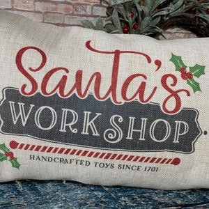 Santas Workshop Pillow, Christmas Pillows, Christmas decor, Traditional Christmas Decor, Santa Pillow image 3