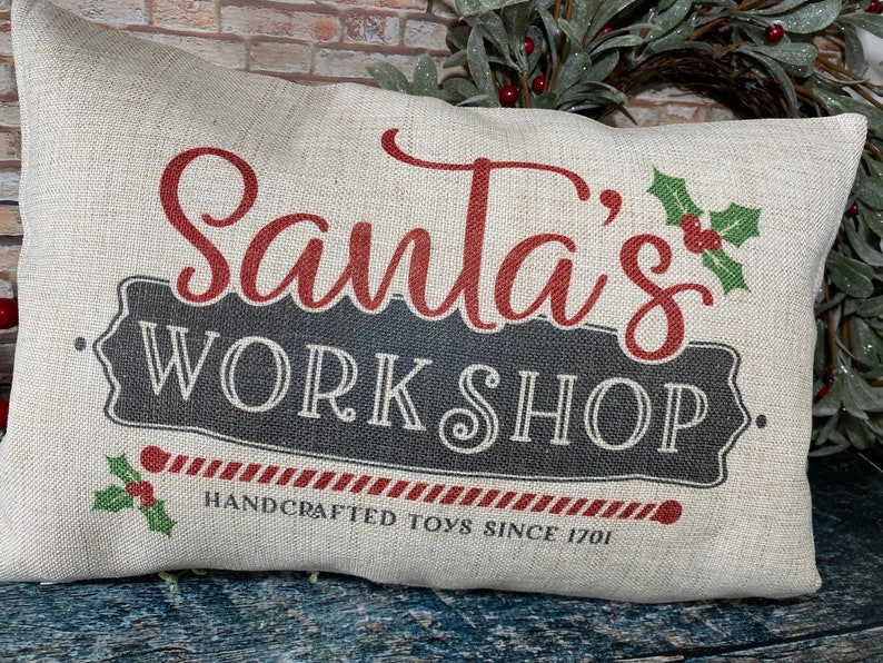 Santas Workshop Pillow, Christmas Pillows, Christmas decor, Traditional Christmas Decor, Santa Pillow image 3