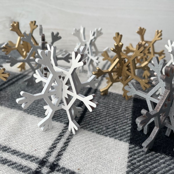 Mini Set of 10 white, silver and gold wood snowflakes , Christmas Decor, Christmas Tiered Tray, Winter Decor, Tiered Trays, Snowflake decor