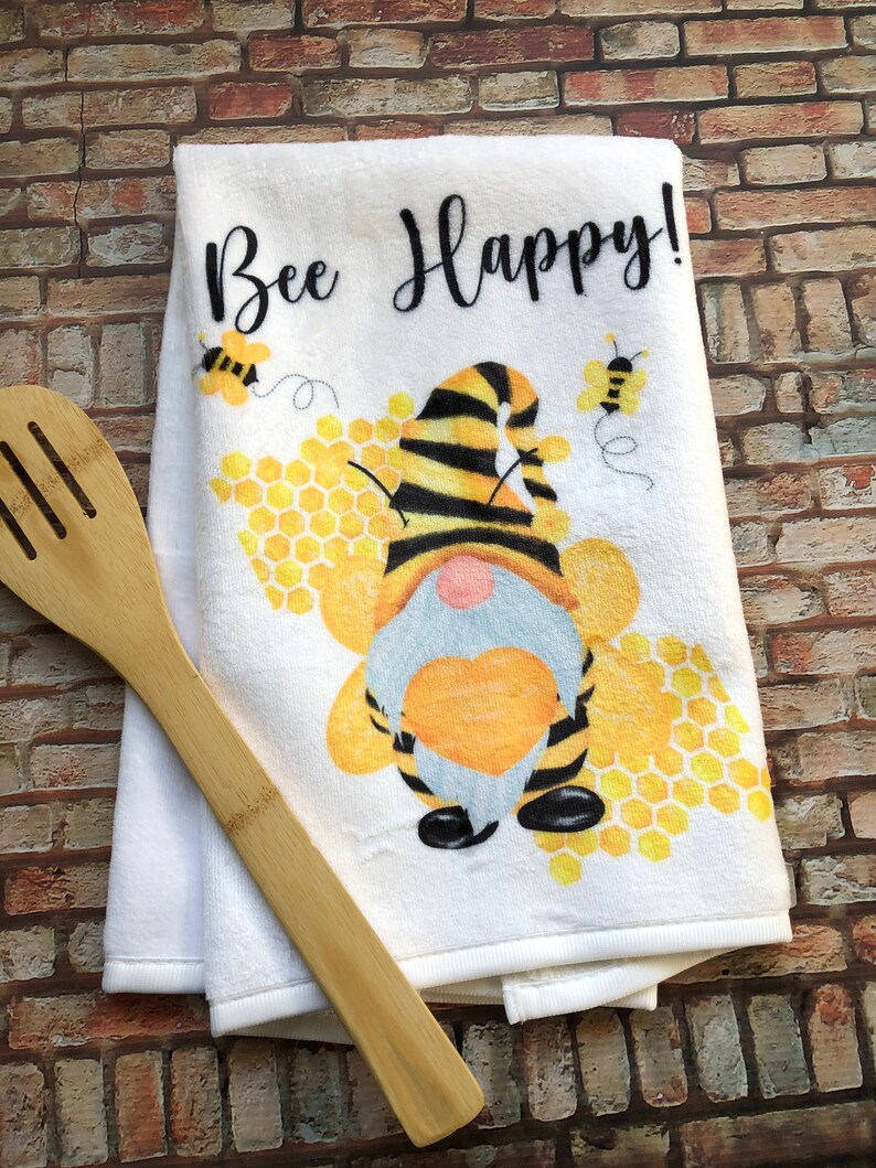 Bee Happy Kitchen Towels Funny Kitchen Towel Hand Towels Etsy