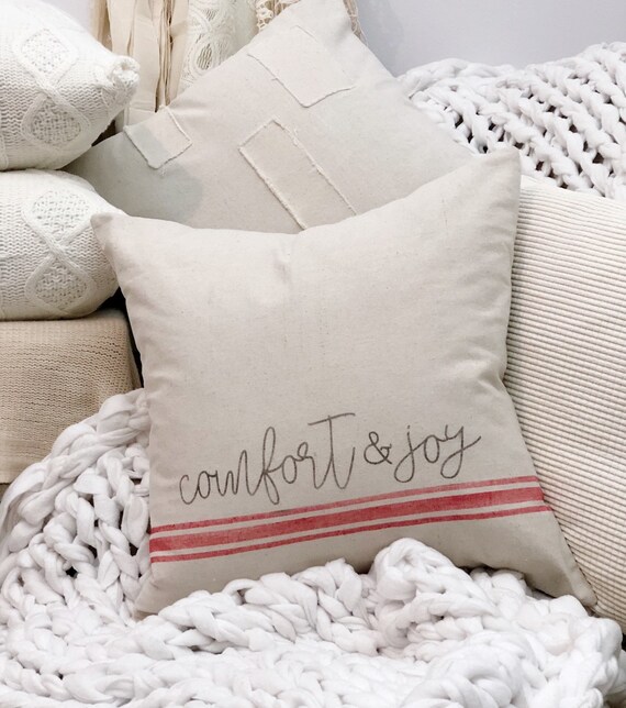 Comfort Joy Christmas Pillow Cover With Red Stripe Etsy
