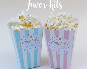 Personalised Baby Shower Favours, Ready to Pop, Mini Popcorn Boxes, Boy, Girl, Pink, Blue, Stickers, Thank you Gift, First Birthday