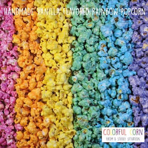 Regenbogen Bunt Vanille Aroma Popcorn für Geburtstagsfeiern, Babypartys, Hochzeiten und Events. Personalisierte Packungen oder große Taschen.