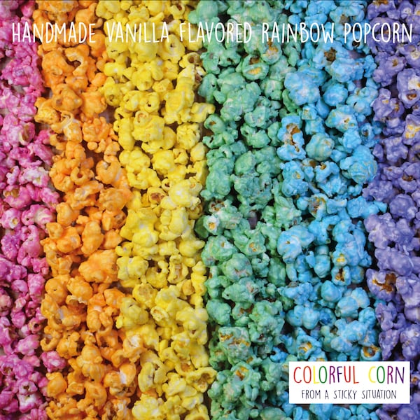 Rainbow Multi Colored Vanilla Flavored Popcorn for Birthday Parties, Baby Showers, Weddings and Events. Personalized Packs or Large Bags.