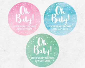 Baby Shower Stickers, Favour Labels, Oh Baby, Thank you, New Baby, Boy, Girl, Unisex, Gender Reveal, Watercolour, Pastel, Gift Bag