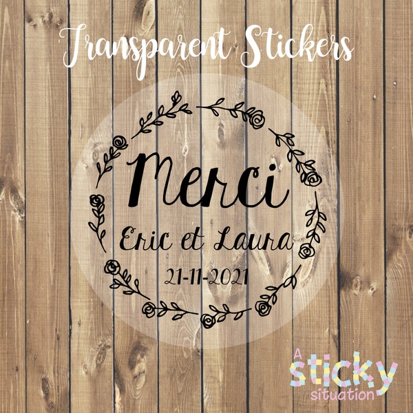 Personalized Transparent Stickers, Clear Stickers, Merci Stickers, Clear Wedding Stickers, Wedding Stickers, Wedding Labels, French