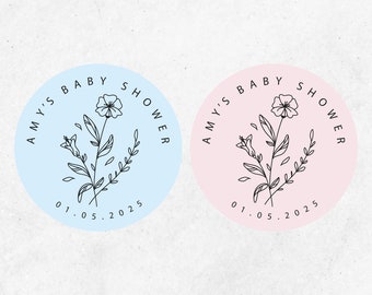 Personalised Baby Shower Stickers, Labels for Favours, Modern Floral, Simple, Elegant, Thank you, Boy, Girl, Birth Announcement