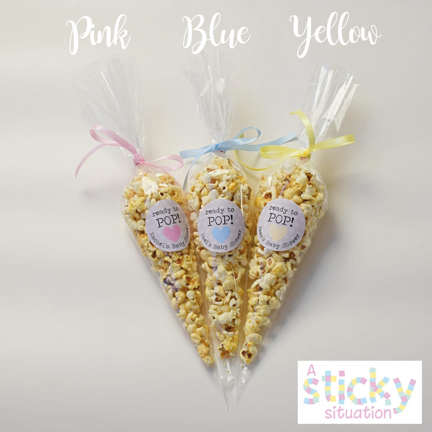 48 Personalised Baby Shower Ready To Pop Stickers labels Party Bag Sweet Cones 