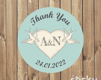 Wedding Stickers, Monogram Stickers, Wedding Favor Stickers, Thank You Stickers, Tattoo, Swallow, Nautical, Beach, Traditional, Personalized