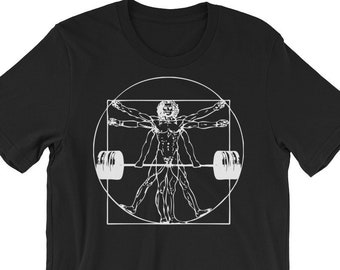 Vitruvian Barbell Man - Gift For Bodybuilding, Weightlifting, Powerlifting, Crossfit, WOD, Fitness, Workout - Unisex Gym T-Shirt