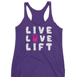 Live, Love, Lift, Kettlebell, Réservoirs d’entraînement pour femmes, Cadeau, Musculation, Haltérophilie, Dynamophilie, Crossfit, WOD, Fitness, Entraînement, Gym