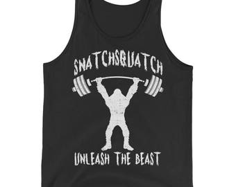 Snatchsquatch, Funny, Cartoon, Pun, Gift For Bodybuilding, Weightlifting, Powerlifting, Crossfit, Fitness, Workout, Unisex Gym Tank Top
