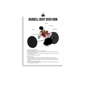 Barbell Bent Over Row, Gym Poster, Bodybuilding, Weightlifting, Powerlifting, Crossfit, WOD, Fitness, Workout, Anatomy Diagram, Muscle Chart