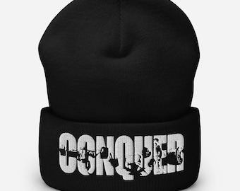 CONQUER, Squat, Bench, Deadlift, Winter Hat, Bodybuilding, Weightlifting, Powerlifting, Crossfit, WOD, Fitness, Workout, Gym, Cuffed Beanie