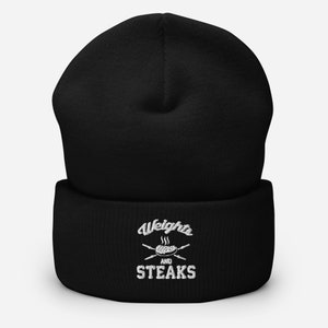 Weights and Steaks, Funny, winter hat, hat, Bodybuilding, Weightlifting, Powerlifting, Crossfit, WOD, Fitness, Workout, Gym, Cuffed Beanie