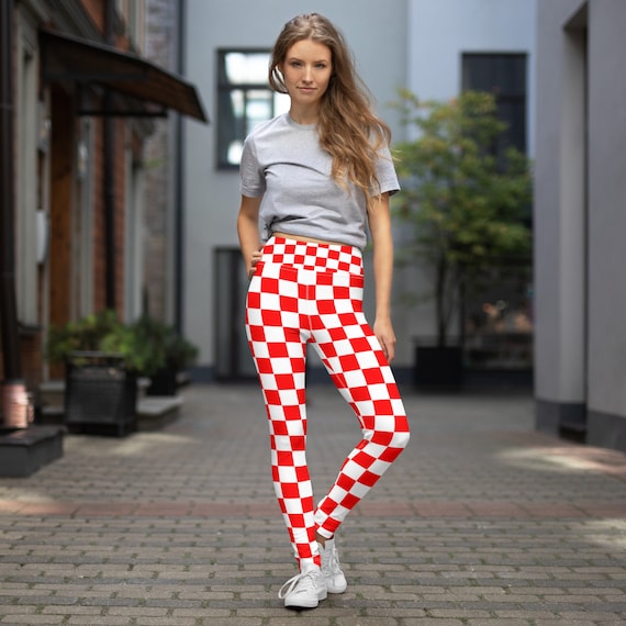 Checkered Pattern Pants, Red and White Checkered, leggings, pants,  patterned, pattern, abstract, Print-all-over, Yoga Leggings