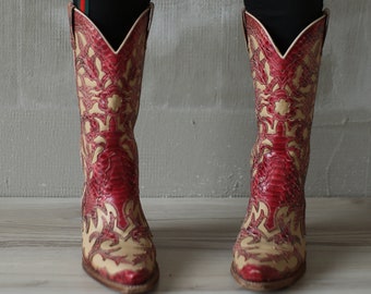 Vtg Burgundy Red Shoes Boots 36 EU Python Leather Western Cowboy Mexican Gypsy Boots/Folk Hipster Grunge Rider Steampunk Extravagant Shoes