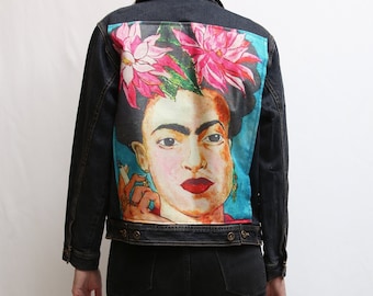 vintage Imprimé Frida Denim Jacket Artist Jeans Jacket Mexican Portrait 90s Mexicain Féministe Boho Oversize Handmade Hipster Retro Vegan