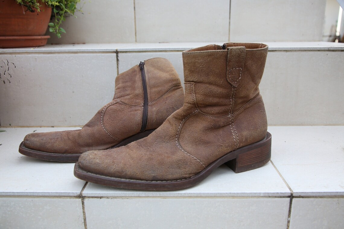 Vintage Men Western Ankle Boots Size 43 Unique Leather Western Etsy