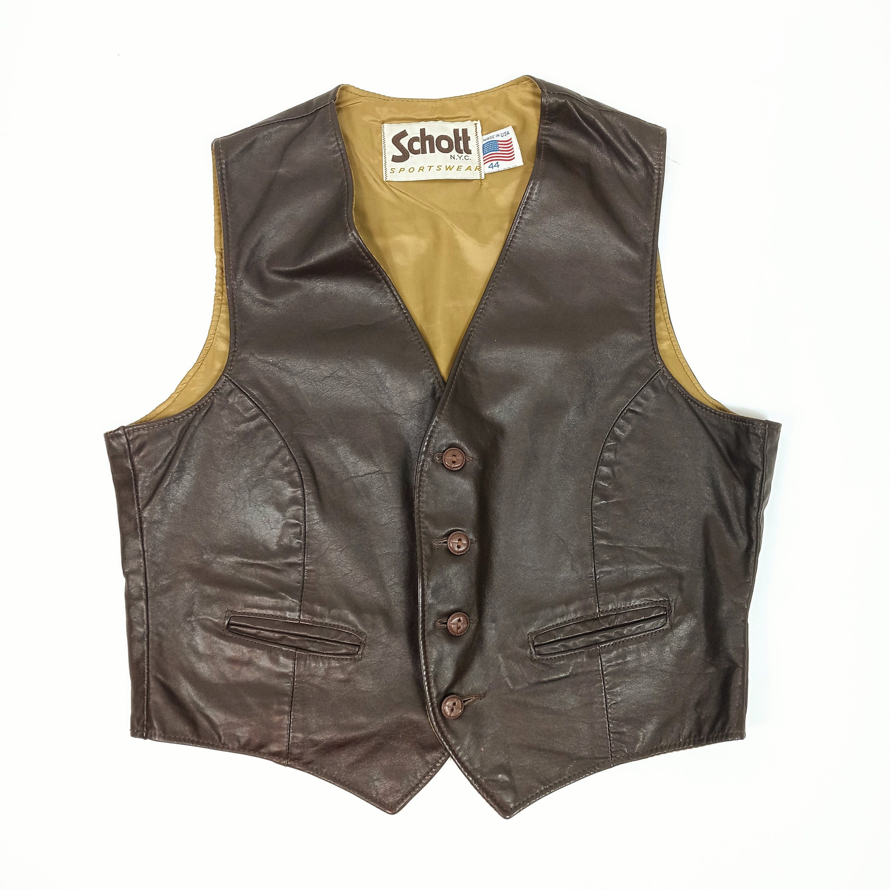 Vintage 1970s Schott Sportswear Dark Brown Leather Button up Vest NYC Boxy Fit Etsy