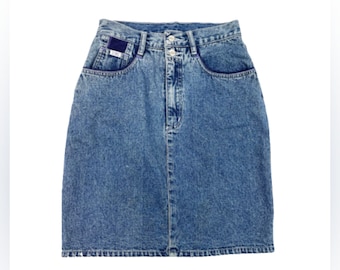 Vintage 1980s Glam Rock Acid Washed Blue Denim Mini Skirt by Ethics Size 2