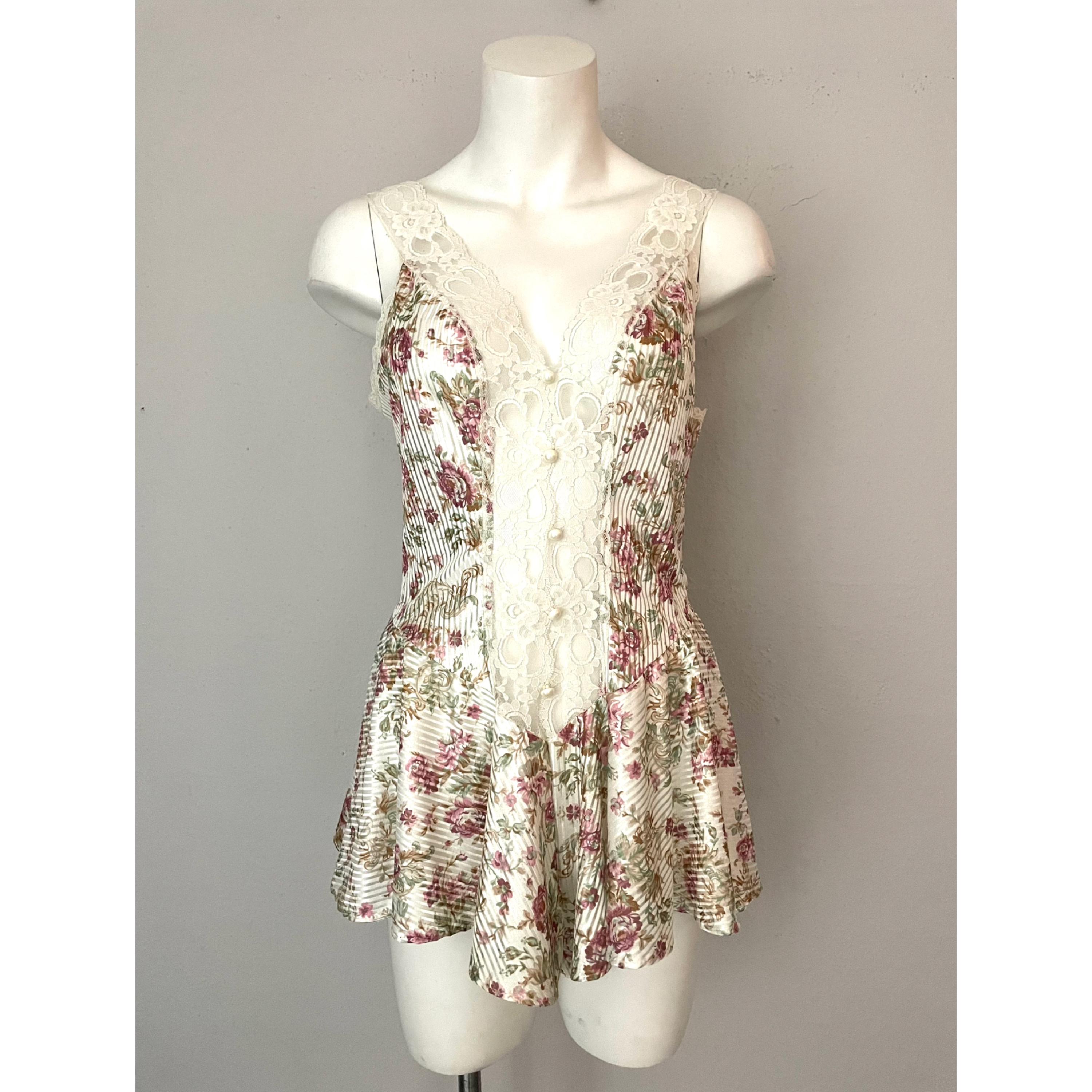 Vintage 80s Lady Cameo Dallas Floral Ribbed Satin Romper With Lace Trim Size Medium