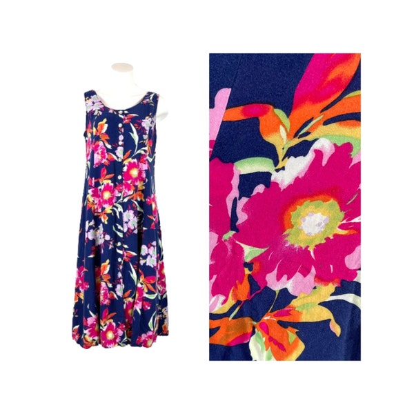 Vintage 90s Bright Floral Sleeveless Button Front Midi Sundress Petite Large