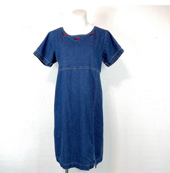 Vintage Lightweight Blue Denim Knee Length Dress with Ladybug Embroidery  Detail
