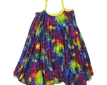Festival Stretch Jersey Rainbow Nebula Galaxy Trapeze Mini Dress Free Size