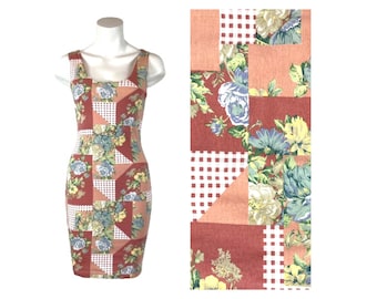 Vintage 90s Stretch Tank Mini Dress Beige Neutral Rose Abstract Floral Fits S/M