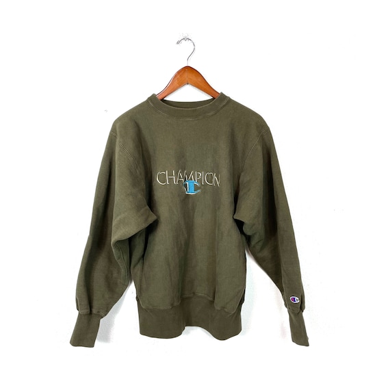 Buy VTG Champion Reverse Weave Olive Green Shadow Letter Logo