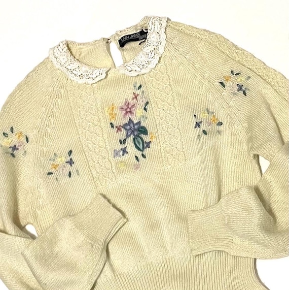 esprit knitted dress 1970s Floral Embroidered Sweater Dress: Vintage Butter Yellow Knit style-number:V255123