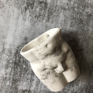 May include: White ceramic planter shaped like a torso with a marbled design. The planter has a rough, textured surface.
