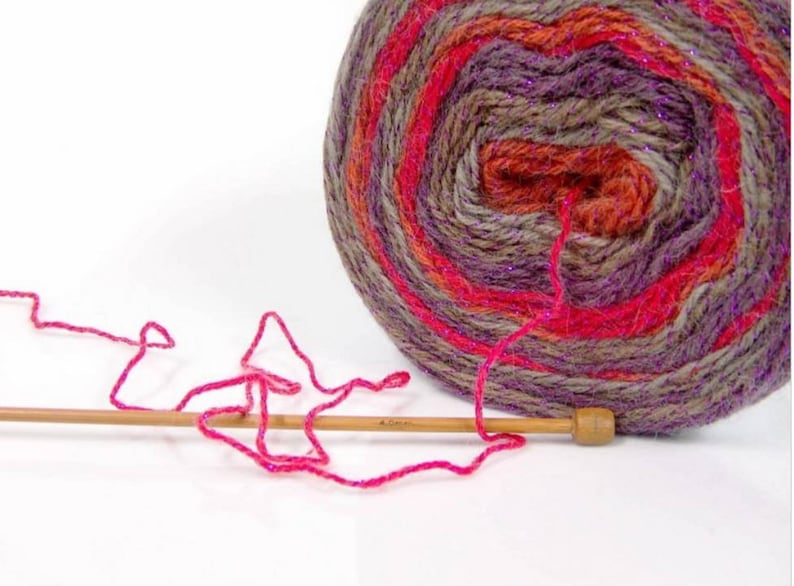 Brown Grey 874 yards Turkish Yarn Light Wool Glitz Irridesent Maroon Red Purple Yarn Cake.