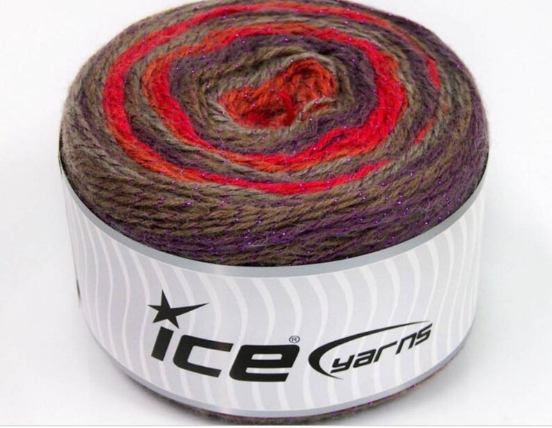 Brown Grey 874 yards Turkish Yarn Light Wool Glitz Irridesent Maroon Red Purple Yarn Cake.
