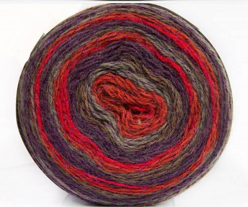 Brown Grey 874 yards Turkish Yarn Light Wool Glitz Irridesent Maroon Red Purple Yarn Cake.